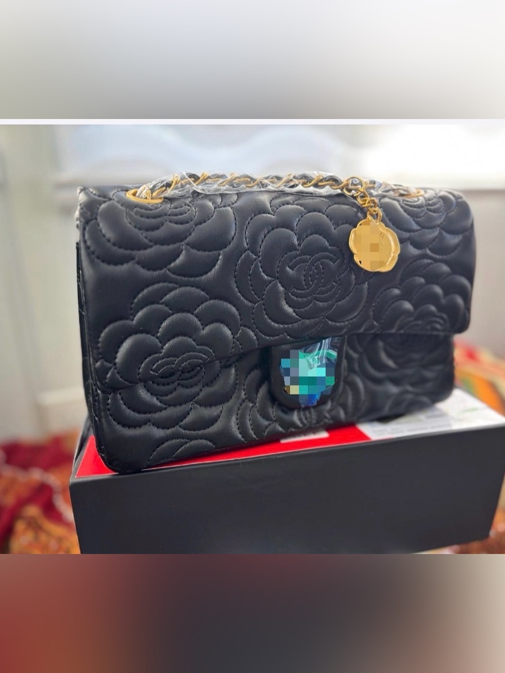 Black Quilted Floral Shoulder Bag with Gold Chain Accent